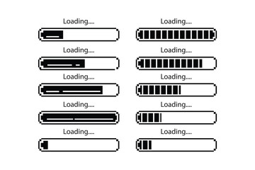 Poster - Pixel art loading bar concept. Loading bar, status Icons and Progress Bar icons Vector Set in black. Load bar, buffer loader, download or upload Horizontal bar icons.