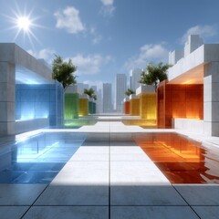 Poster - Architectural Abstraction: A Modern Urban Landscape with Colorful Reflections and Sunlit Sky