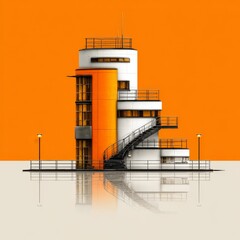 Poster - Architectural Echoes:  Modernist Building Reflected Against Orange Backdrop, Minimalist Design with Stark Contrast