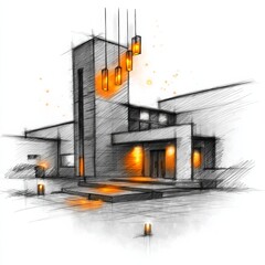 Poster - Architectural Sketch of a Modern Building with Illuminated Lanterns and a Contemporary Design 