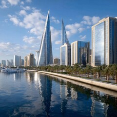 Poster - Bahrain's Modern Skyline Reflecting in Calm Waters: A Stunning Urban Landscape with Palm Trees and Yachts on a Sunny Day