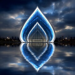 Poster - Futuristic architecture reflected in tranquil waters under a dramatic sky at twilight, evoking innovation and serenity.