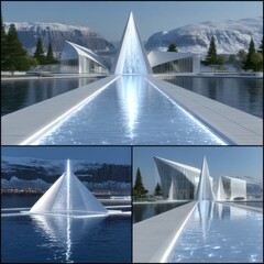 Poster - Futuristic Modern Architecture with Geometric Design by a Lake in a Snowy Mountain Landscape, Reflections on Water