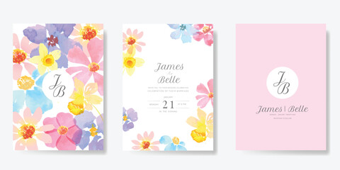 Fototapete - Elegant wedding invitation card background vector. Minimal hand painted watercolor botanical flowers texture template background. Design illustration for wedding, vip cover, poster, rsvp modern card.
