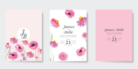 Fototapete - Elegant wedding invitation card background vector. Minimal hand painted watercolor botanical flowers texture template background. Design illustration for wedding, vip cover, poster, rsvp modern card.