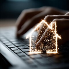 Poster - Home Buying Online: Hands Typing on Laptop with Sparkly House Graphic Overlayed for Real Estate Search