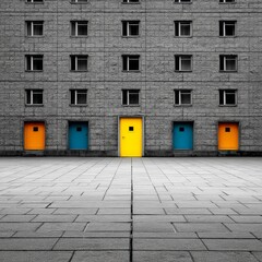 Aufkleber - Grey Facade: A Symphony of Colorful Doors and Windows Creating Visual Interest and Architectural Harmony