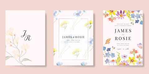 Fototapete - Elegant wedding invitation card background vector. Minimal hand painted watercolor botanical flowers texture template background. Design illustration for wedding, vip cover, poster, rsvp modern card.