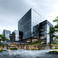 Aufkleber - modern glass architecture: a vision of urban design and nature's harmony in contemporary cityscape.