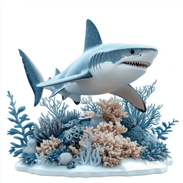 Great White Shark above Coral Reef 3D Render