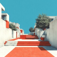 Aufkleber - Urban Geometry: A vibrant architectural landscape with stark white buildings and bold red accents under a clear blue sky.