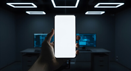 Poster - Person Holds Smartphone with Blank White Screen in Dimly Lit Office with Dual Monitors Displaying Code Under Geometric Ceiling Light