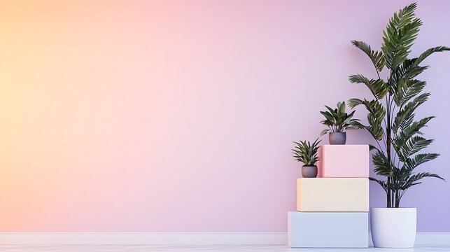 Pastel Cubes Stack with Plants Against Gradient Wall