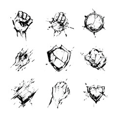 Poster - Abstract white ink splatter hand and shield designs game assets art fist on transparent background