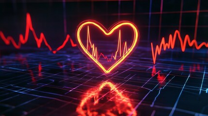 Poster - neon heartbeat medical technology digital art abstract background red orange glowing lines graphic d