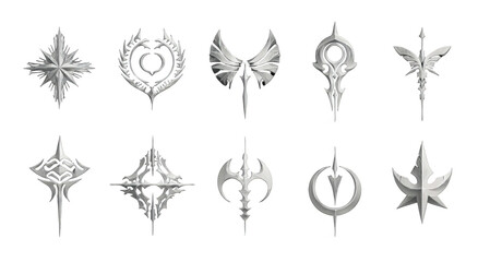 Poster - Twelve abstract silver metallic tribal symbols set design graphic art logo on transparent background