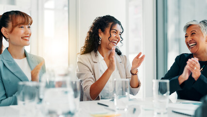 Aufkleber - Business women, applause and success at meeting, happy and team goals with profit at finance agency. Group, people and excited with cheers, celebration and achievement with revenue growth at company