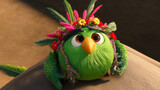 Green bird with floral headdress