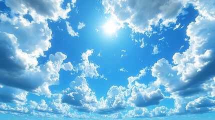 a vibrant, partly cloudy sky with a bright sun at the center. fluffy white clouds are scattered acro