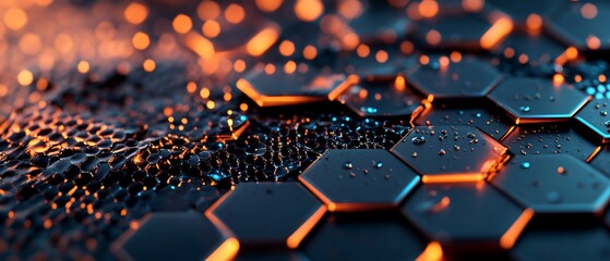 Poster - Futuristic abstract honeycomb structure with orange glow, water droplets. Dark blue hexagon