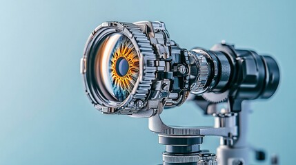 Poster - Futuristic optical instrument, integrated with a vibrant eye reflection and internal gears