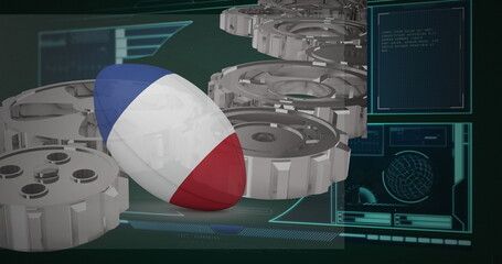 Poster - Spinning French-colored oval ball rotating on metal gears in tech lab, with teal holographic panels