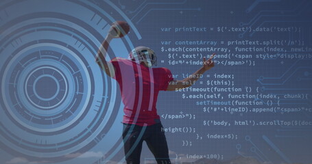 Poster - Image of digital interface with safe lock american football player