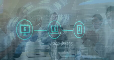 Poster - Image of network of connections with icons and cityscape