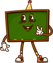 Aufkleber - Cartoon groovy school chalkboard character in party hat. Isolated vector playful board with cheerful smile and confused expression, wearing sneakers, creating a welcoming and fun educational vibes