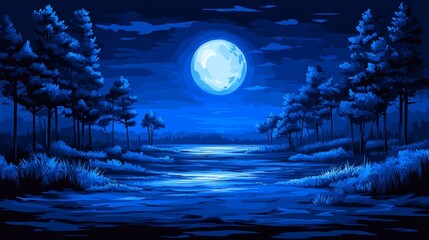 Wall Mural - in the moonlit warp illustration, a dark and mystical forest is portrayed, characterized by its gnar