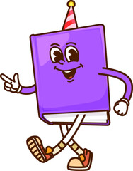 Poster - Cartoon groovy book character In party hat. Isolated vector school textbook personage with purple cover showing pointing finger gun gesture. Lively textbook with big expressive eyes and cheerful smile