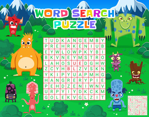 Aufkleber - Word search puzzle game quiz with cartoon funny monster characters. Vector educational worksheet with letters and silly fantasy creatures. Entertaining logic game for kids with crossword color task