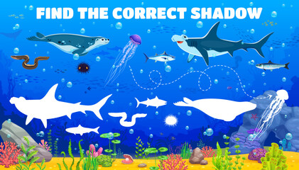 Aufkleber - Kids game worksheet, find the correct shadow of sea animals at underwater landscape, cartoon vector. Kids quiz for find same shadow of shark and tuna fish, eel and urchin with jellyfish or seal