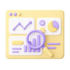 Poster - Data Analysis 3D Icon: A pastel-colored 3D rendering of a data analysis dashboard, complete with charts, graphs, and a magnifying glass, symbolizing data exploration and insight.