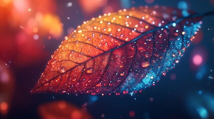 Poster - Vibrant Autumn Leaf Dew Drops Macro Photography Red Orange Blue Nature Image Artistic Backdrop Design Element Digital Art Print Wallpaper Background  