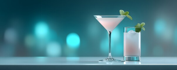 Poster - underground speakeasy in a neon city, glowing cocktails, futuristic bartenders, deep purple and cyan