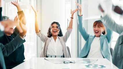 Poster - Business people, document and success with celebration for achievement, done or finished at office. Employees, group applause and throwing paperwork in air for excited, completion and contract goal