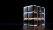 A metallic cube, composed of smaller cubes, illuminated with warm light, sits on a dark surface.  Its facets are transparent, revealing intricate patterns within