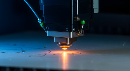 Poster - Close Up Laser Cutting Machine Sparks on Metal with Orange and Blue Lights in a Dark Background