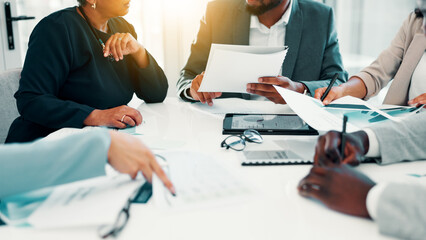 Aufkleber - Business people, documents or hands with discussion in meeting for budget review, finance planning or forecasting. Financial analyst, teamwork or revenue report for data analysis or dividend briefing