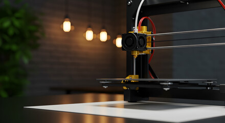 Poster - Detailed Close up of a 3D Printer Black and Gold Components with Filament and Metallic Rods against a Blurred Dark Brick Wall