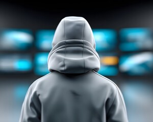 Poster - Hacker in a dark room surrounded by glowing monitors, neon blue interface, digital rain effect, cyberpunk aesthetics, moody lighting, immersive tech environment, high-resolution detail, cinematic
