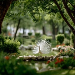 Aufkleber - An Ethereal Vision: A White Peacock Displaying Its Feathers Beside a Tranquil Pond in a Lush Garden Setting