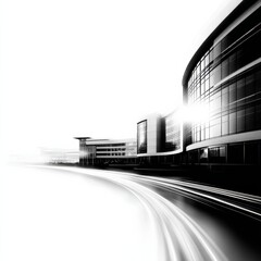 Poster - Modern Architectural Marvel: Sleek Office Building with Light Streaks, a Vision of Speed and Innovation