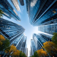 Poster - Skyscrapers Reach for a Clear Sky: An Upward Gaze in the City, with Colorful Autumn Trees Adding Nature's Touch