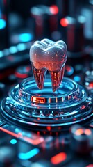 Poster - floating holographic model of a flawless tooth showcasing advanced dental technology
