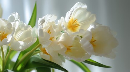 Poster - beautiful white tulips in a vase with soft sunlight illuminating their petals