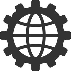Poster - Global mechanism icon depicting a globe inside a cogwheel. Symbol of global connectivity, technology, international cooperation, and engineering solutions. Minimalist graphic.