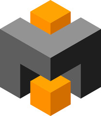 Poster - Abstract isometric 3D cube design.  Gray and orange blocks interlock, symbolizing connection, collaboration, or innovation.