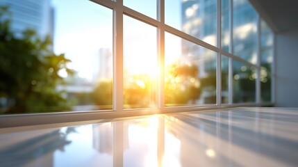 Poster - Morning sunlight streams through a modern window illuminating a sleek surface in a city landscape